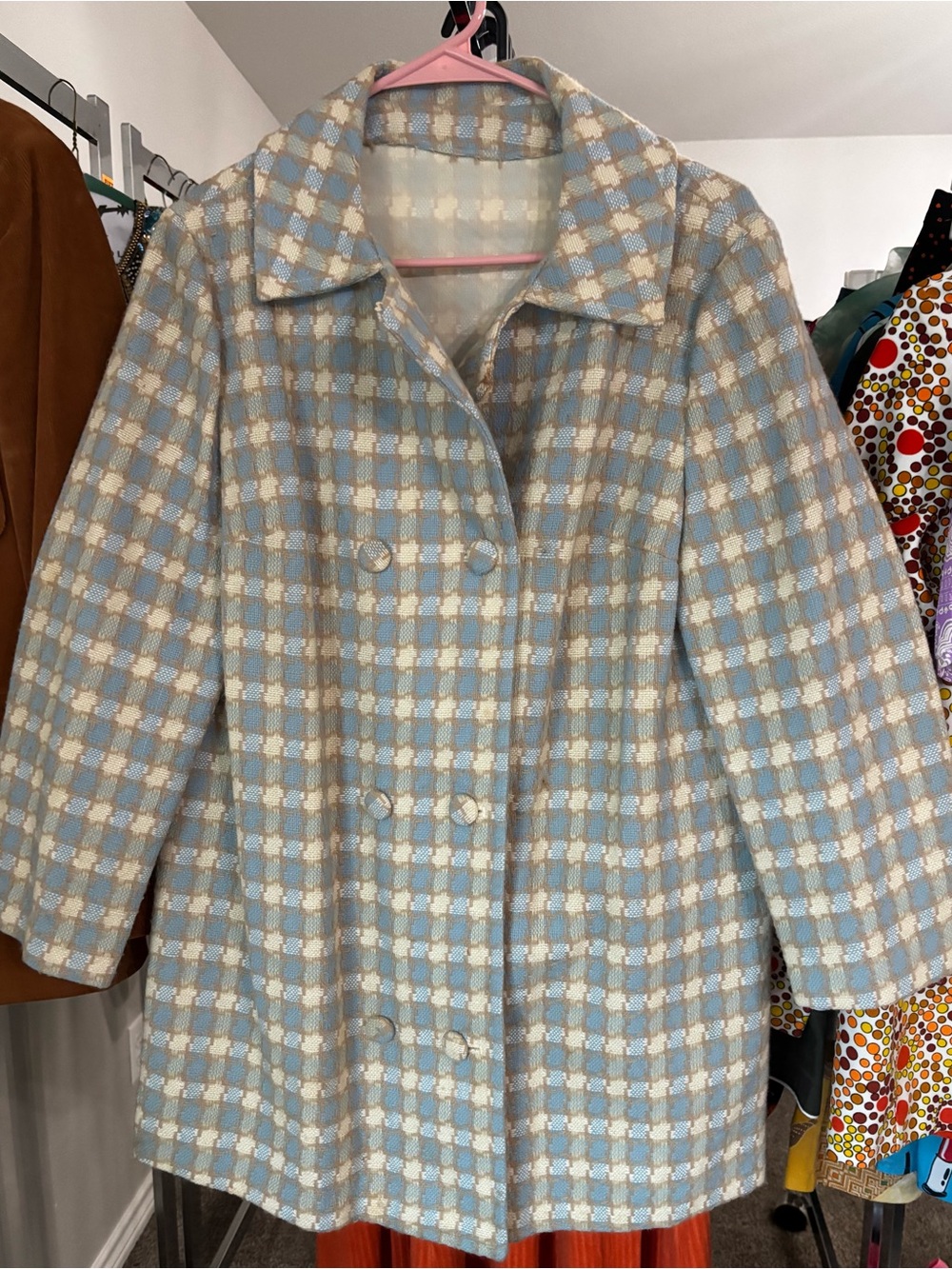Vintage Classic Double-Breasted Plaid Coat in Light Blue and Cream